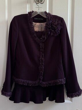 Nipon Boutique Vintage Plum Two-piece Skirt & Jacket Set w/ Ruffled Trim 8P